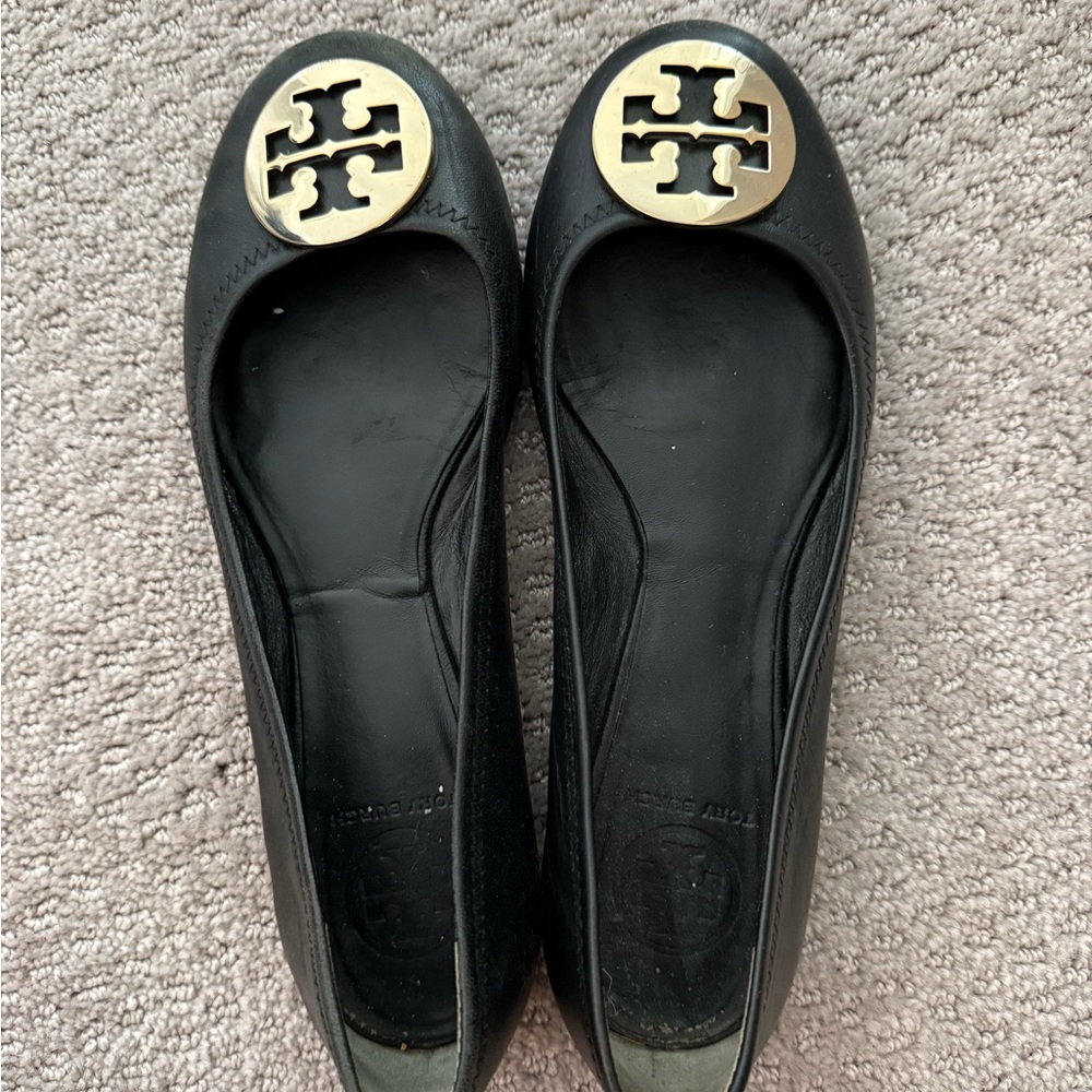 Tory Burch Black Flats with Gold Emblem